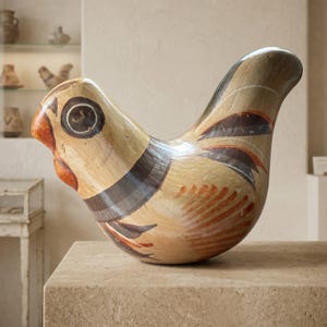 May include: A ceramic bird figurine featuring a smooth, glossy finish with a cream-colored base. The bird is decorated with hand-painted details in shades of orange, dark brown, and black, including circular eyes, a striped neck, and wing patterns.