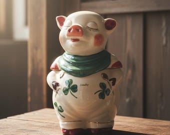 Vintage Shawnee Smiley Pig Cookie Jar Shamrock Clover Pattern Irish Kitchen Decor | Repaired
