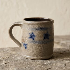 Vintage Rowe Pottery Works Salt Glazed Stoneware Mug Cobalt Blue Stars American Primitive 1994