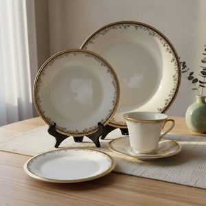 Lenox Eclipse 5-Piece China Set – Ivory Gold Scroll, Black Trim, NOS (Original Box)