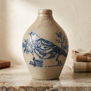May include: A beige stoneware jug featuring a blue stamped bird illustration and the text "ROWEL POTTERY WORKS CAMBRIDGE, WIS. 1932" near the neck. The vessel has a rounded body, a narrow neck, and a textured, speckled finish throughout the surface.