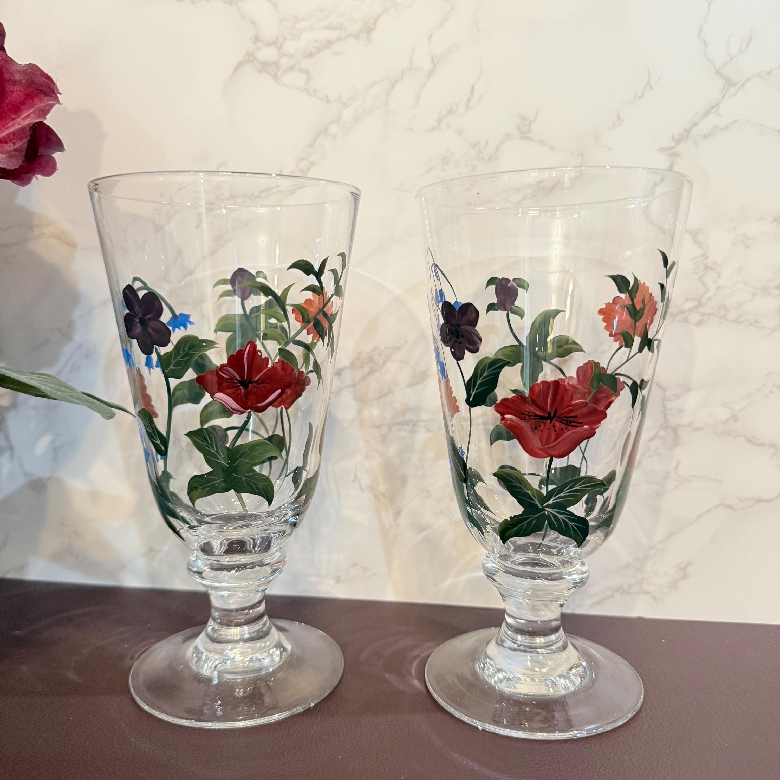ヴィンテージ手描き花柄ガラスゴブレット 2個セット - Etsy 日本