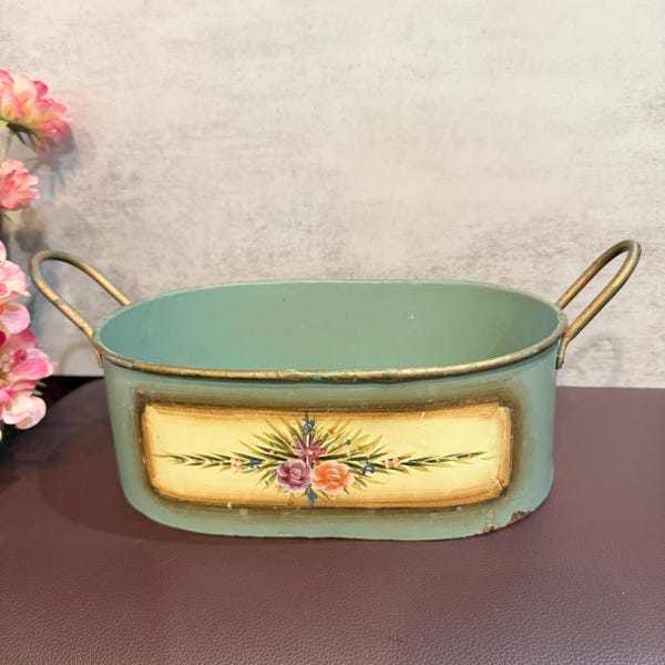 Vintage handmålad metallburk med blommönster rustik förvarings- eller displaybricka