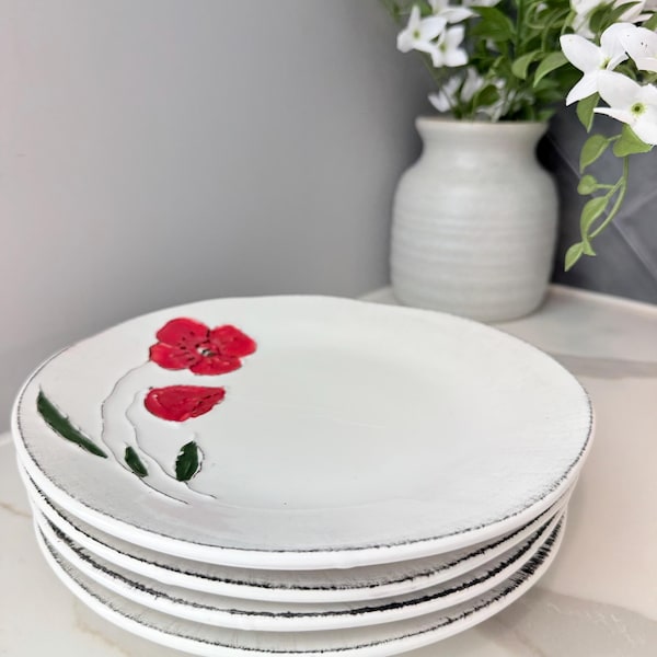 Vintage Italian Ceramic Plates: Hand-Painted Red Poppies, Set of 4 Dinner Plates