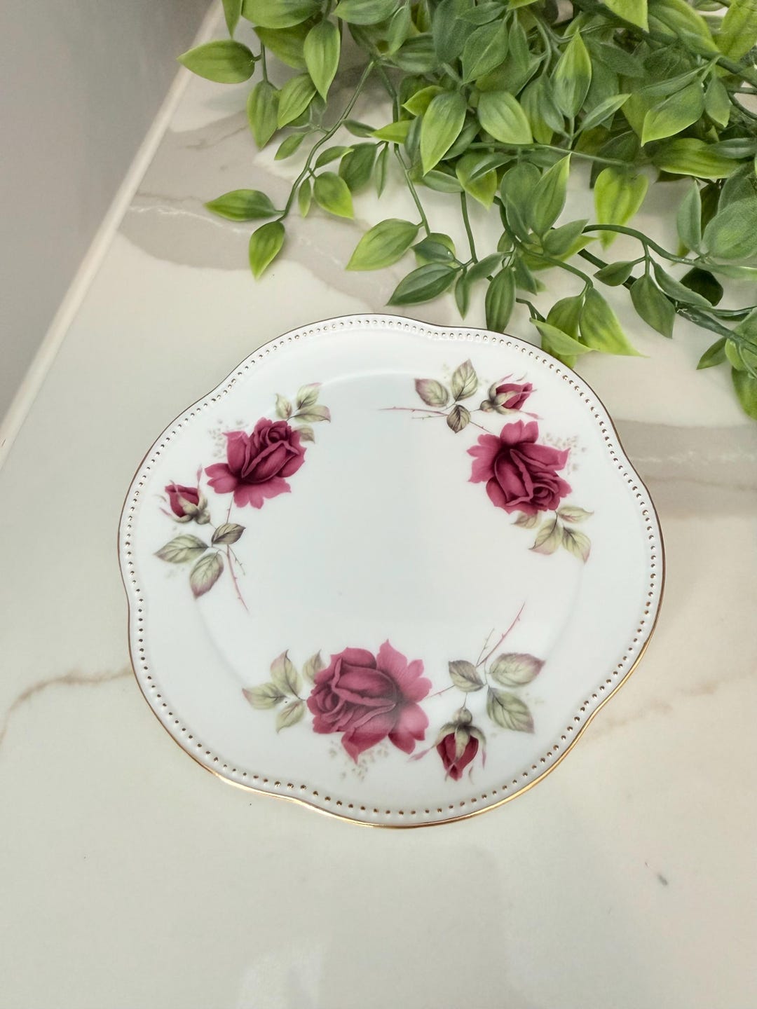 Vintage Rose Decorative Plate Scalloped Edge Floral Plate Gold Trim ...