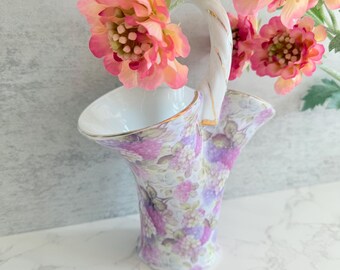 Vintage Floral Porcelain Basket Vase  Baum Bros Formalities Pink Hydrangea Shabby Chic Decor