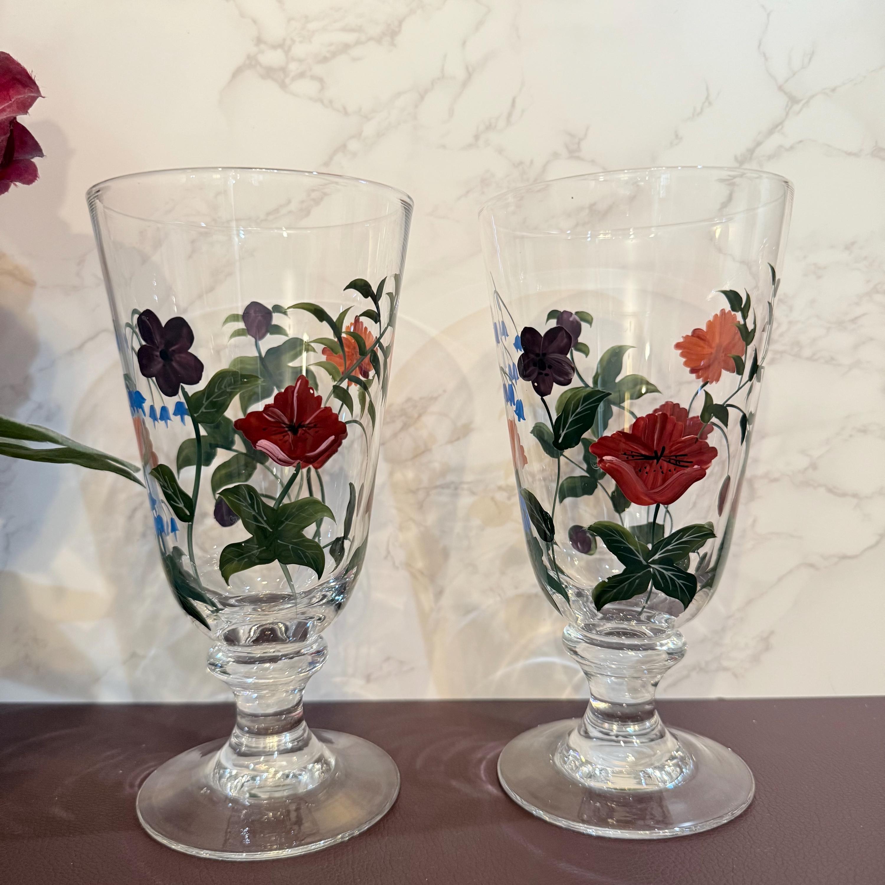 ヴィンテージ手描き花柄ガラスゴブレット 2個セット - Etsy 日本
