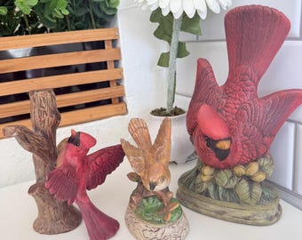 Ensemble de 3 figurines d'oiseaux peintes à la main vintage Cardinal rouge