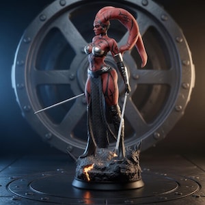May include: A red-skinned humanoid figurine with long, curved head-tails and black tribal markings. The figure wears silver metallic chest armour, a black loincloth, and black boots, while holding two thin silver swords. It stands on a rocky base.