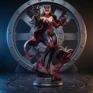 May include: A detailed Scarlet Witch figurine featuring a character in a red and black costume with a matching headpiece. The figure is posed with glowing red energy rings in both hands, standing above a dark base with an open book and red accents.