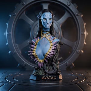 Puede incluir: Un busto de personaje Na'vi de piel azul de Avatar, con cabello largo y oscuro trenzado, orejas puntiagudas y un collar decorativo hecho de plumas moradas y amarillas. La figura se asienta sobre una base negra con la palabra Avatar en blanco.