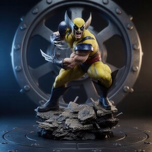 Può includere: Una statuetta dettagliata del personaggio Wolverine in un costume giallo e blu con artigli metallici estesi, in una posa accovacciata e aggressiva su una base di macerie grigie, davanti a un grande ingranaggio meccanico circolare.