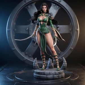 May include: A detailed fantasy figurine of a warrior with long dark hair, wearing a green bodice, a dark cape, and strappy green footwear. The figure holds two curved silver daggers and stands on a circular stone base with a large gear background.