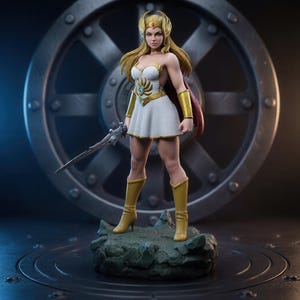 May include: A collectible figurine of a blonde warrior character wearing a white dress with gold accents, a red cape, and gold boots. The figure holds a silver sword with a blue gem and stands on a rocky base, featuring a winged emblem on the chest.