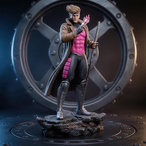 May include: A detailed collectible figurine of a character wearing a long brown trench coat, a bright pink chest piece, and black pants with pink rectangular accents. The figure holds a metallic staff and a glowing pink playing card in one hand.