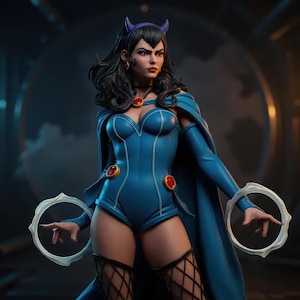 Puede incluir: Estatua detallada de un personaje con un body azul con capa, adornada con detalles rojos. La figura tiene cabello negro, una diadema morada con cuernos y sostiene dos objetos circulares blancos. Artículo de colección.