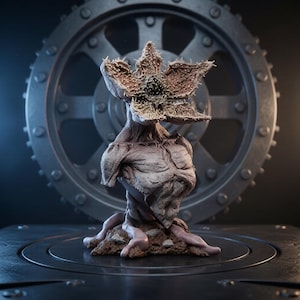 May include: A detailed figurine of a creature with a pale, muscular torso and a large, open, petal-like head filled with sharp, needle-like teeth. The figure is rooted in a textured, earthy base, positioned in front of a large, dark, circular gear.