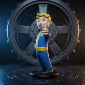 May include: A stylized figurine of a cartoon character with blonde hair, wearing a blue jumpsuit with yellow trim and the number 33 on the chest. The character is winking and giving a thumbs-up gesture while standing on a circular black base.