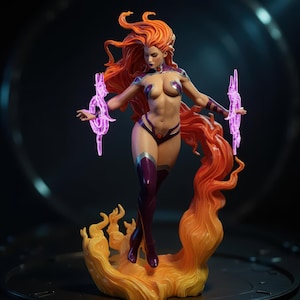 May include: A detailed figurine of a female superhero with flowing orange hair and a purple costume. She stands atop a flame-like base, holding two glowing purple energy constructs. The figure is a collectible item.