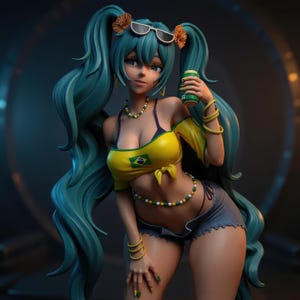 May include: A teal-haired anime-style figure wearing a yellow crop top with a Brazilian flag design, denim shorts, and a beaded necklace. The figure holds a green can and wears sunglasses on her head. The figure has multiple gold bracelets and rings.