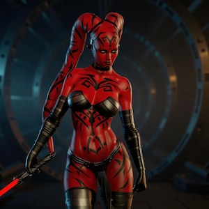 Könnte beinhalten: Eine rot-häutige Figur mit schwarzen Markierungen und langen, geflochtenen Haaren. Sie trägt ein schwarzes Outfit und hält ein rotes Lichtschwert. Der Hintergrund zeigt ein futuristisches, kreisförmiges Design.