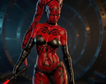 May include: A red-skinned character with black markings and long, braided hair. She wears a black outfit and holds a red lightsaber. The background features a futuristic, circular design.