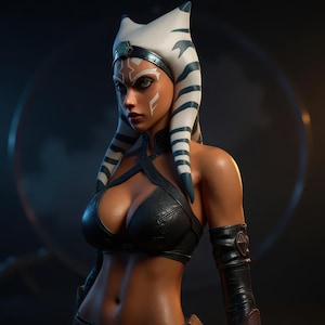 Puede incluir: Ilustración digital de un personaje femenino con piel bronceada, que lleva un top y protectores de brazos negros con aspecto de cuero. Tiene un tocado blanco y azul con marcas faciales. El fondo es oscuro con una luz circular.