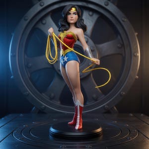 Peut inclure: Une figurine de Wonder Woman aux longs cheveux noirs, portant un bustier rouge et doré, un short bleu à étoiles blanches et des bottes rouges et blanches. Elle tient un lasso jaune dans une main et porte des bracelets argentés aux poignets.