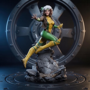 May include: A detailed collectible figurine of a female character with brown hair and a white streak, wearing a yellow and green bodysuit with a brown jacket and gloves, posed in a dynamic stance atop a jagged gray stone base with debris.