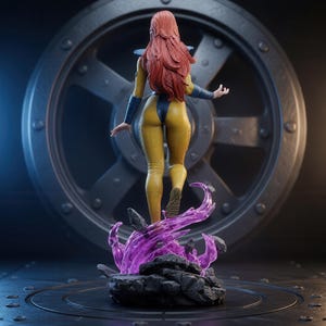 May include: A collectible figurine of a character with long red hair, wearing a yellow and blue bodysuit with dark blue arm guards. The figure stands on a base of dark gray rocks surrounded by translucent purple energy effects.