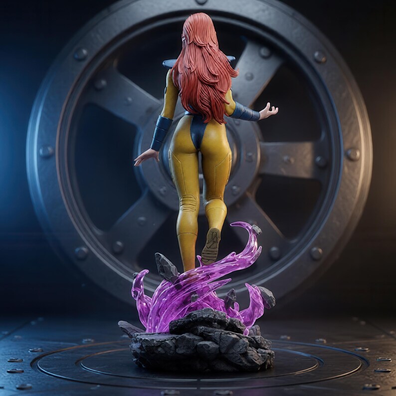 May include: A collectible figurine of a character with long red hair, wearing a yellow and blue bodysuit with dark blue arm guards. The figure stands on a base of dark gray rocks surrounded by translucent purple energy effects.