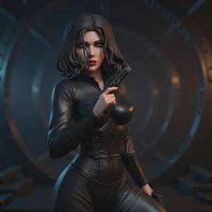 May include: A figure in a black leather-like outfit, holding a handgun. The figure has dark hair and is posed in a dimly lit, industrial-looking setting. The outfit includes a fitted top and pants, with a second handgun visible.