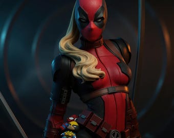 May include: A detailed statue of a female superhero in a red and black costume, mask, and blonde ponytail. She holds a sword and has a belt with a logo. Small figurines of other characters are attached to her belt.