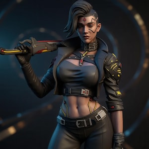 Puede incluir: Una figura femenina futurista con chaqueta y pantalones de cuero negro, sosteniendo una espada. La chaqueta tiene detalles en amarillo y rojo. La figura tiene la cabeza rapada con un peinado lateral y marcas faciales. El fondo es oscuro con patrones circulares borrosos.