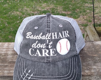 Baseball or Softball Hair Don't Care Appliqued Embroiderd Cap