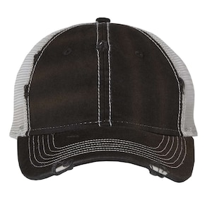 May include: A black and gray distressed trucker hat with a mesh back.