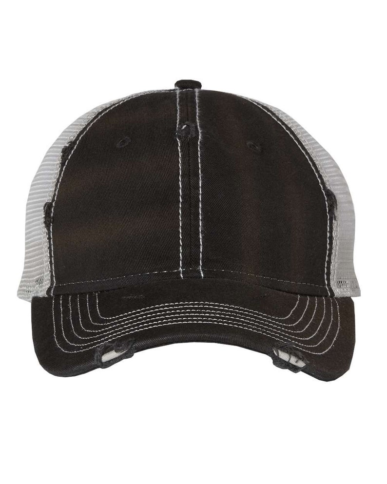 May include: A black and gray distressed trucker hat with a mesh back.