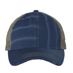May include: A blue and brown trucker hat with a mesh back. The hat has a distressed look with a slightly faded color.