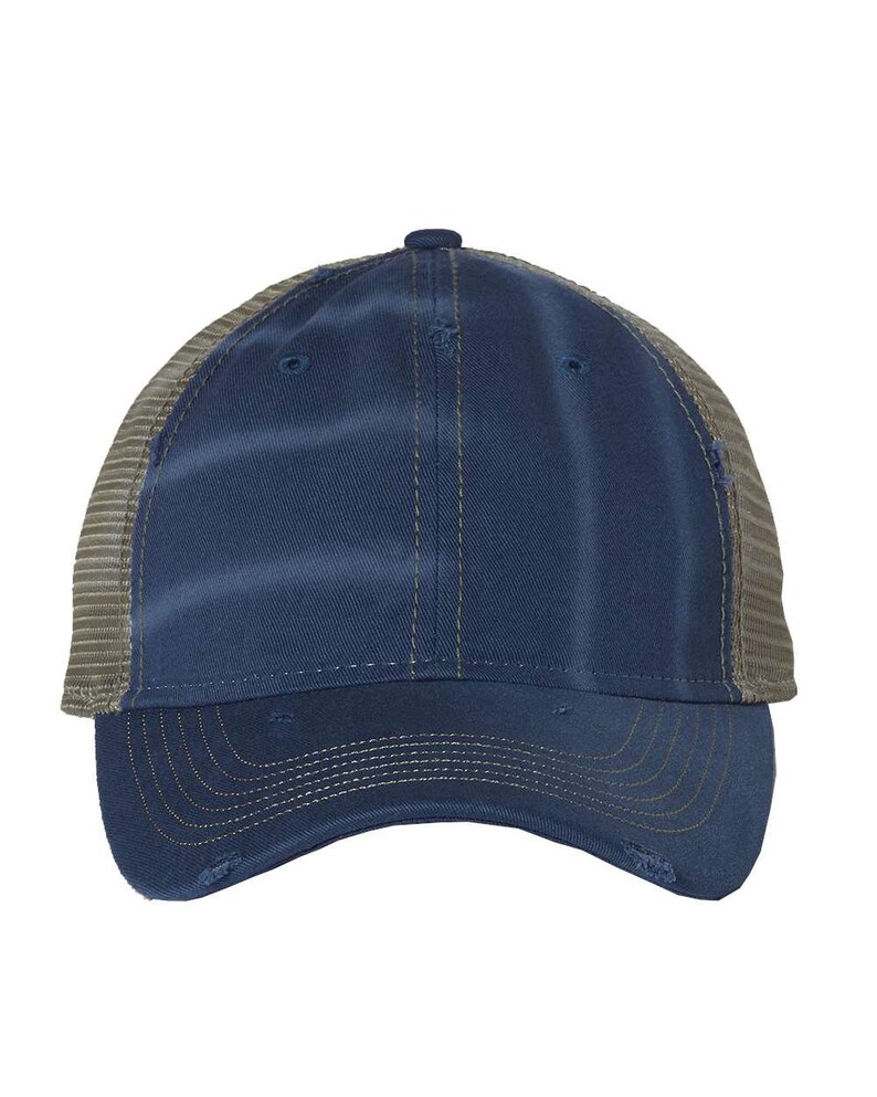 May include: A blue and brown trucker hat with a mesh back. The hat has a distressed look with a slightly faded color.