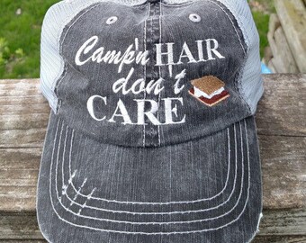 Campin Hair don't care with smores embroidered