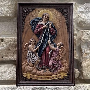 Nossa Senhora Desatadora dos Nós Ikone aus Holz | Handgeschnitzte katholische Wandkunst | Selige Jungfrau Maria