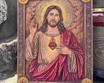 Icono de madera del Sagrado Corazón de Jesús / Relieve católico tallado a mano / Arte mural del Sagrado Corazón / Decoración religiosa cristiana
