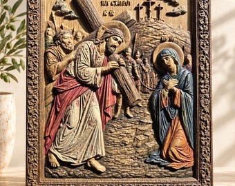 May include: A rectangular wooden wall plaque featuring a relief carving of the Way of the Cross. The scene depicts a figure carrying a large wooden cross, accompanied by another figure in a blue and orange robe, with three crosses on a hill in the background.