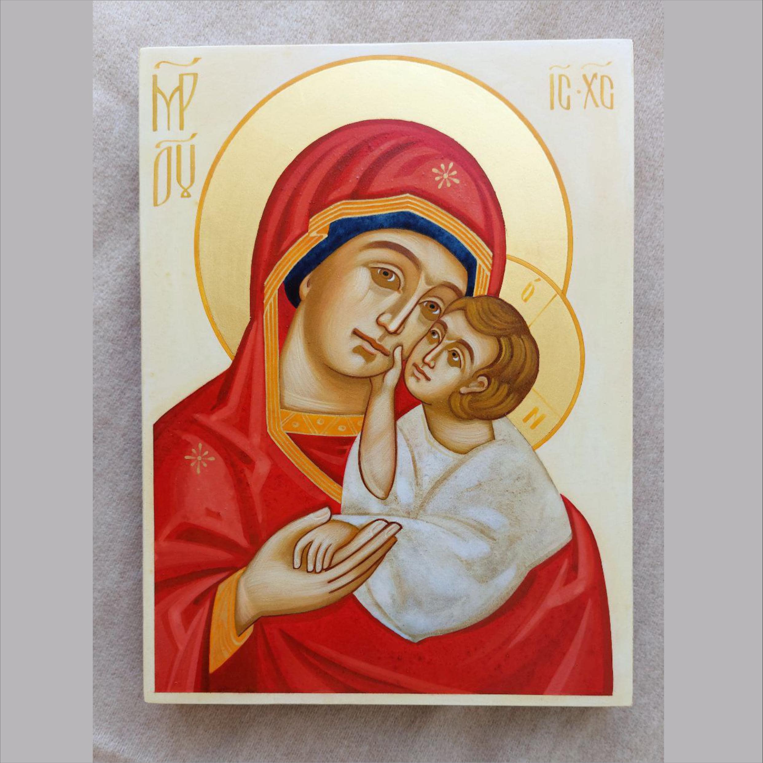 Handmade Icon of Mother of God and Child: Egg Tempera, Gold Leaf