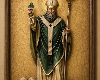 May include: A framed wood carving of Saint Patrick wearing a miter and green vestments, holding a shamrock and a crozier. The text reads ARTISTIC PREVIEW and SAINT PATRICK. The figure stands on clouds with a snake at the feet, set in a dark wood frame.