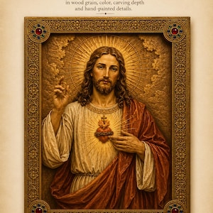 Könnte beinhalten: Eine rechteckige Wandplatte mit einem Relief von Jesus Christus mit strahlendem Heiligenschein und dem Heiligsten Herzen. Der Rahmen ist mit Blumenmotiven und vier Eckakzenten mit roten und grünen Edelsteinen verziert. Text: ARTISTIC PREVIEW.