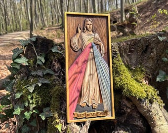 Icona in legno di Gesù della Divina Misericordia / Jezu Ufam Tobie / Rilievo in quercia intagliato e dipinto a mano / Arte cattolica da parete / 37×17 cm / 14,6×6,7 pollici