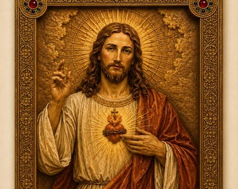 Icona in legno del Sacro Cuore di Gesù / Rilievo cattolico intagliato a mano / Decorazione murale del Sacro Cuore / Decorazione religiosa cristiana