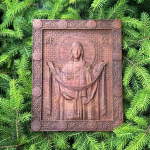 Carved Wood Virgin Mary Icon: Orthodox Christian Wall Art