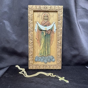 Icon Protection of the Holy Virgin 10x20 cm / 3.94x7.87 in | Wooden Christian Icon | Hand-Painted Solid Oak | Relief Carving, Religious Gift